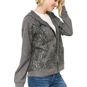 Anthropologie Mystree Floral Damask Green Velvet‎ Full Zip Hoodie Size Small